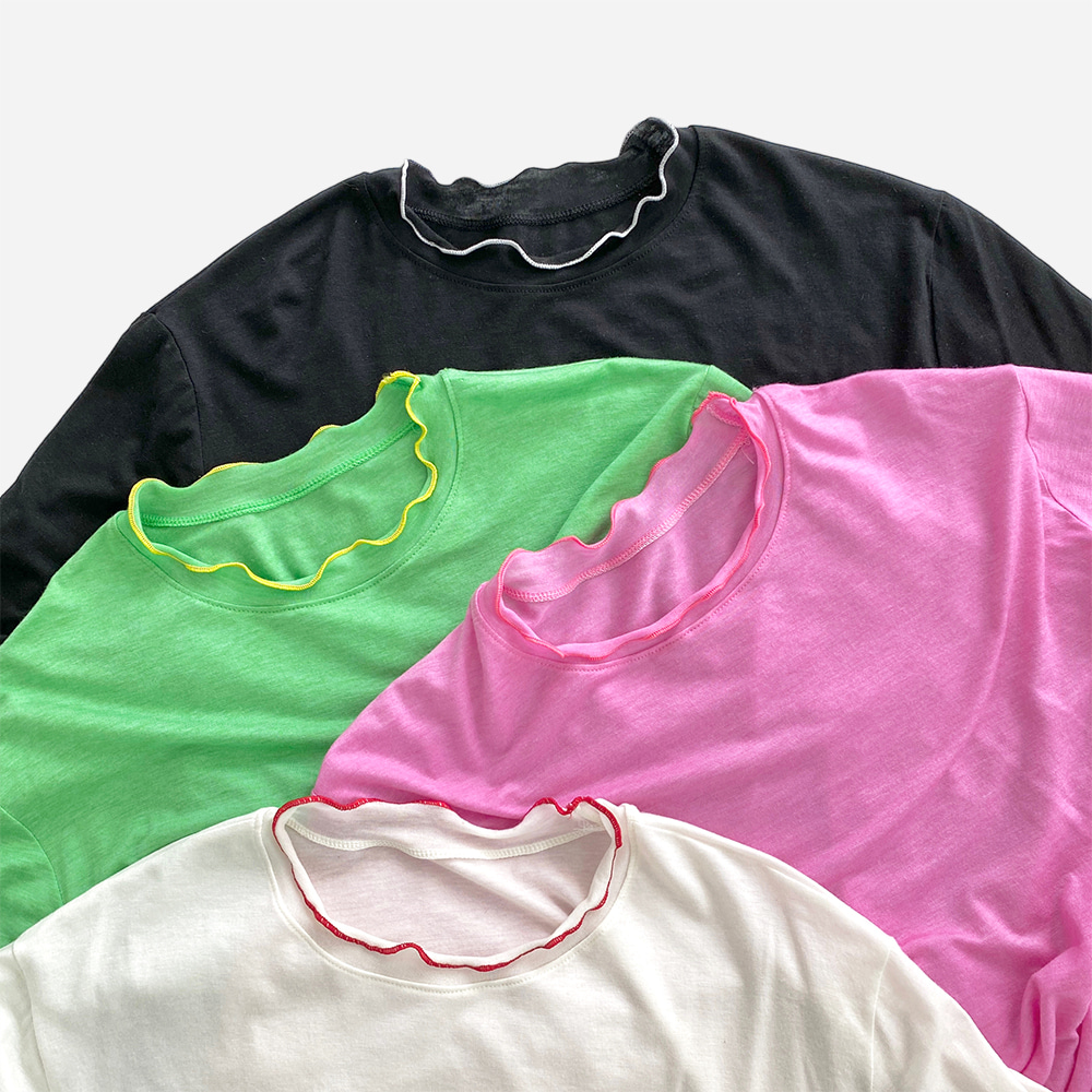 MERCI-1517 네트리 물결 배색 텐셀 티셔츠 [3color]